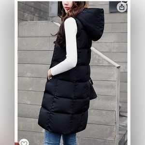 Long black puffer vest with hood